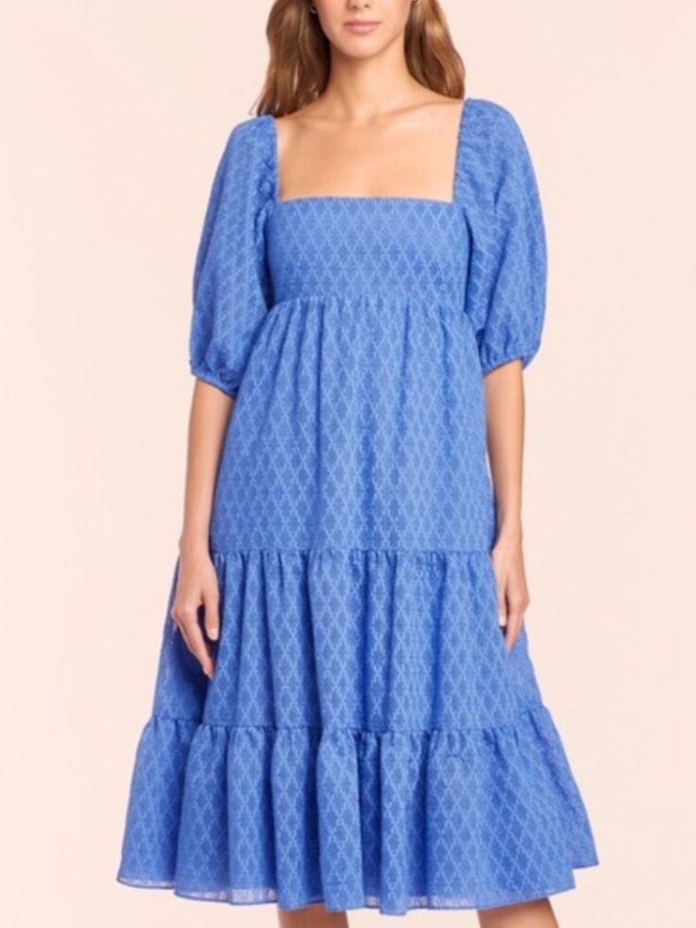 Amanda Uprichard Maisie Blue Square-Neck Puff-Sleeve Tiered Midi Dress